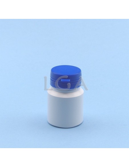 Pilulier plastique blanc 30ml, à couvercle inviolable