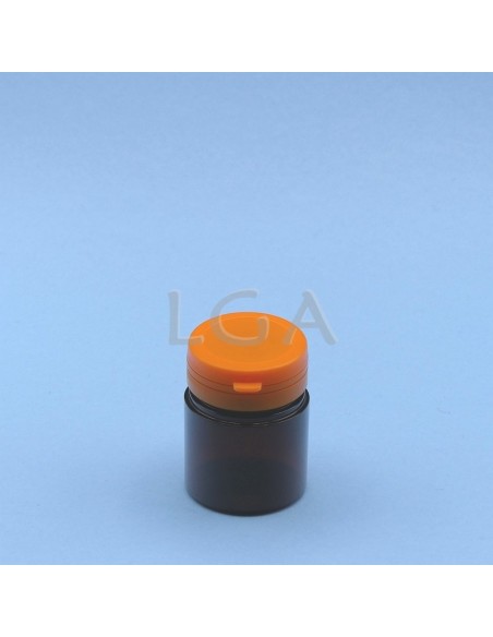 Pilulier plastique ambré cristal 50ml, à couvercle inviolable