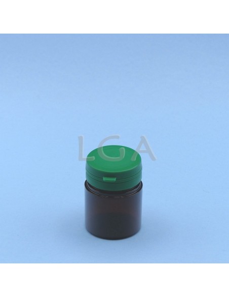 Pilulier plastique ambré cristal 50ml, à couvercle inviolable