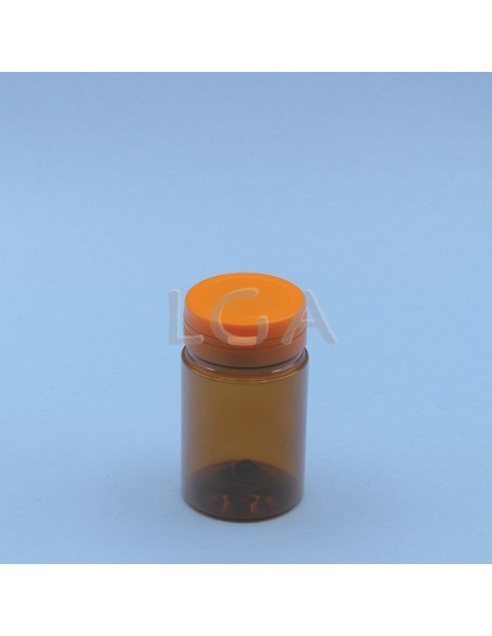 Pilulier plastique ambré cristal 75ml, à couvercle inviolable