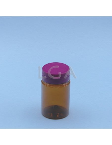 Pilulier plastique ambré cristal 75ml, à couvercle inviolable