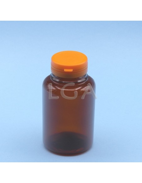 Pilulier plastique ambré cristal 250ml, à couvercle inviolable